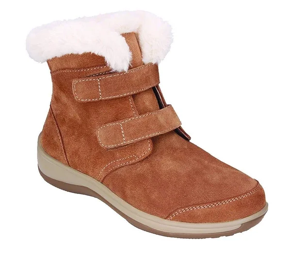 OrthoFeet Women's Florence Faux Fur Bootie, Camel Suede