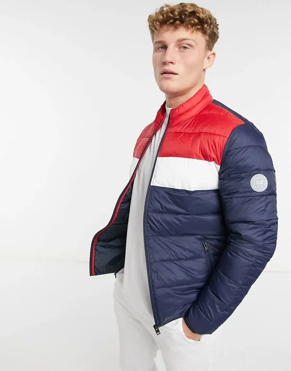 Jack & Jones Essentials Puffer Jacket with Collar in Navy Red & White