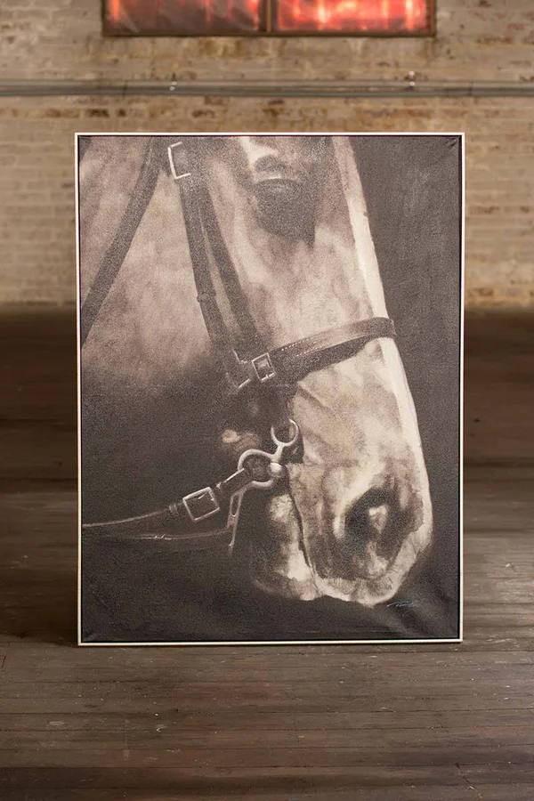 Black and White Side View Horse with Silver Frame - Oil Painting
