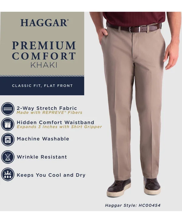 Haggar Premium Comfort Khaki Flat Front Pant Classic Fit Hc00454 - Men's, Size: 36x31, Black