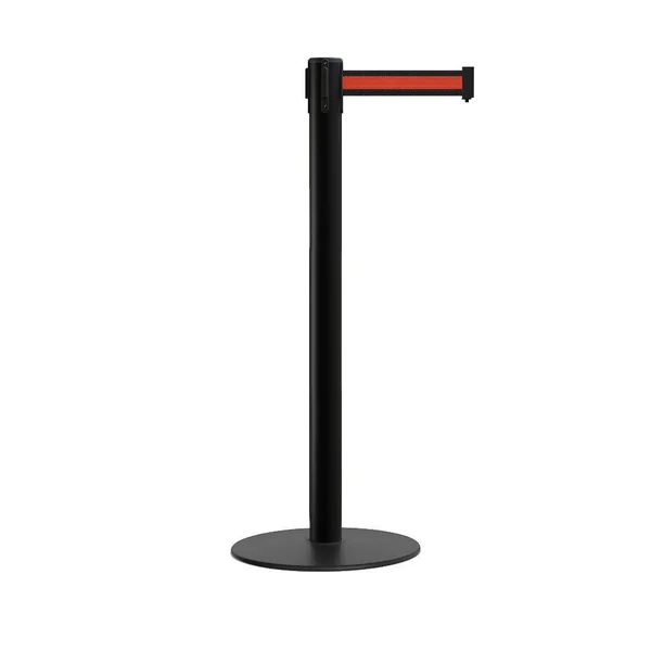 Retractable Belt Barrier Stanchion, Low Profile Steel Base, Black Post, 11Ft. Belt - Montour Line MX630 by Crowd Control Warehou
