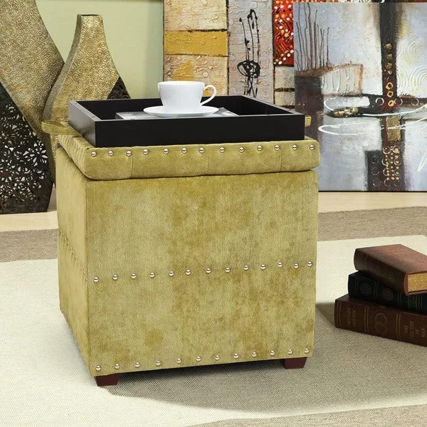 Homebeez Fabric Upholstered Square Storage Ottoman with Removable Lid (Green)