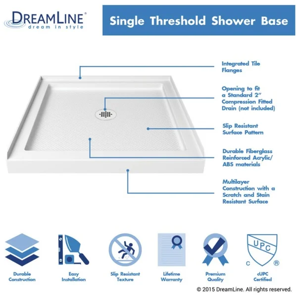 DreamLine DLT-1132480 Slimline 32 x 48 inch Single Threshold Shower Base, Center Drain
