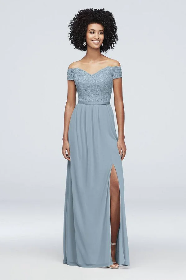 Off-The-Shoulder Lace and Mesh Bridesmaid Dress - Cinnamon (Brown), 24