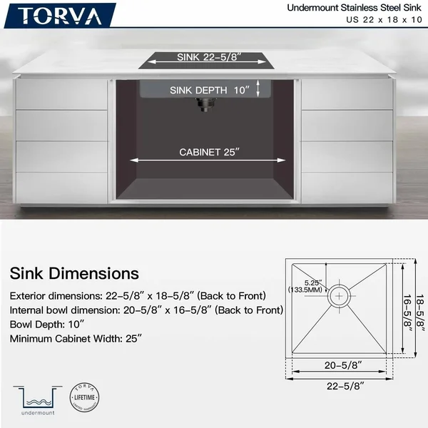 TORVA 22.5 inch Undermount 16 Gauge Single Bowl Stainless Steel Kitchen Sink, Bar or Prep Sink