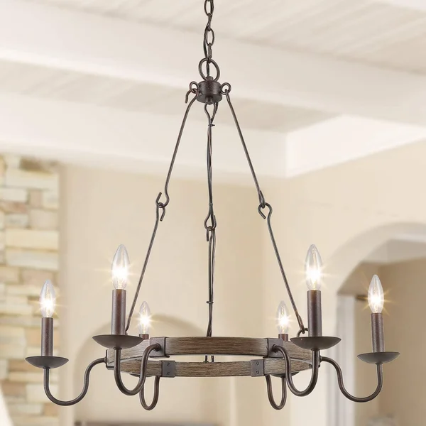 Log Barn Rustic French Country Chandelier - 6 Lights Wagon Wheel Hanging Island Lighting for Kitchen in Rusty Metal & Faux Wo
