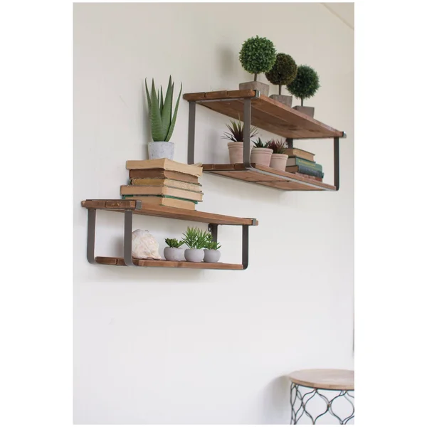 Recycled Wood and Metal Shelves (Set of 2)