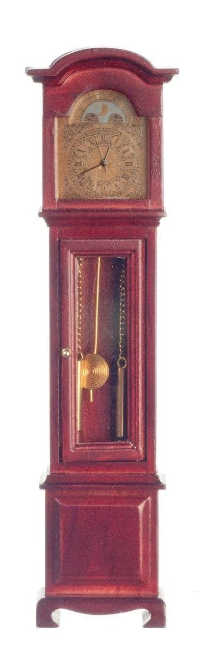 Dollhouse Miniature Working Quartz Grandfather Clock, Mahogany Finish #D0430