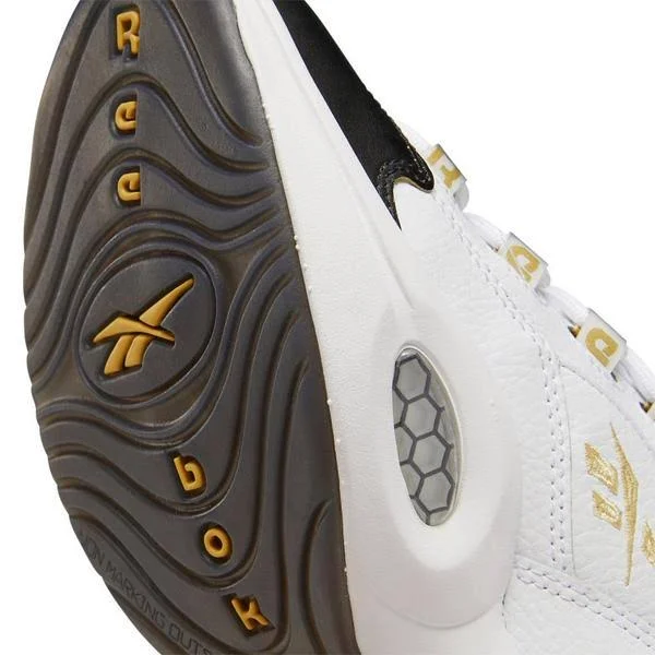 Reebok Question Mid White/Black/Gold Grade School Kids& Shoes, Size: 5.5