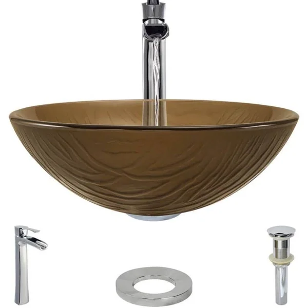 Rene R5-5025-R9-7007 16-5/8x22 Glass Vessel Bathroom Sink with Vessel Faucet Sink Beach Sand, Chrome