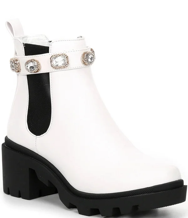 Steve Madden Amulet Jewel Embellished Lug Sole Block Heel Combat Booties - Womens, 6M, White