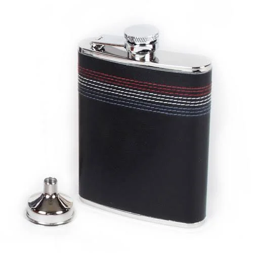 Concord 6 oz Decorative Stitched Black Leather Whiskey Flask