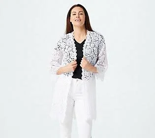 Isaac Mizrahi Live! Open Front Floral KnitLace Duster - Size Small, Bright White