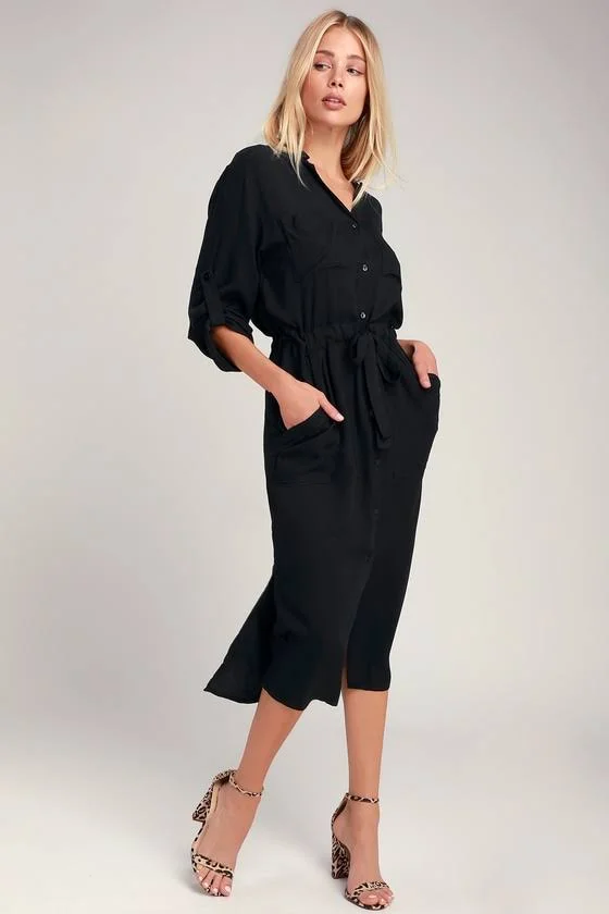 Lulus, Brewer Black Midi Shirt Dress, Size Small, 100% Rayon