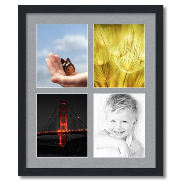 Collage Picture Frame - Satin Black Frame with 4 openings for 8x10 Photos with Silver Mat. D3926HR550, ArtToFrames