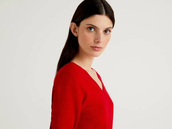 Benetton, Sweater with V-Neck in Pure Virgin Wool, Size S, Red, Women