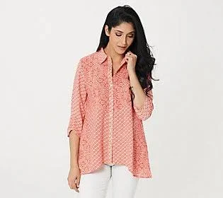 Logo by Lori Goldstein Mixed Print Woven Blouse with Lurex - Size Medium, Coral Sunrise