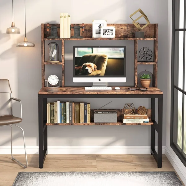 Computer Desk with Storage Shelves, 47 inch Modern Study Writing Desk with Hutch - Vintage Brown
