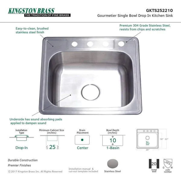 Kingston Brass GKTS252210 Gourmetier Studio Brushed Nickel Self Rimming Single Bowl Sink