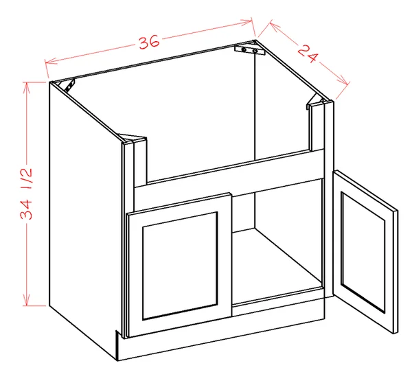 Wilora Hawthorne Shaker Cinder 36x22 x 34.5x22 x 24x22 Farm Sink 2 Doors Base Cabinet, Solid Birch with Veneered MDF Center Pan