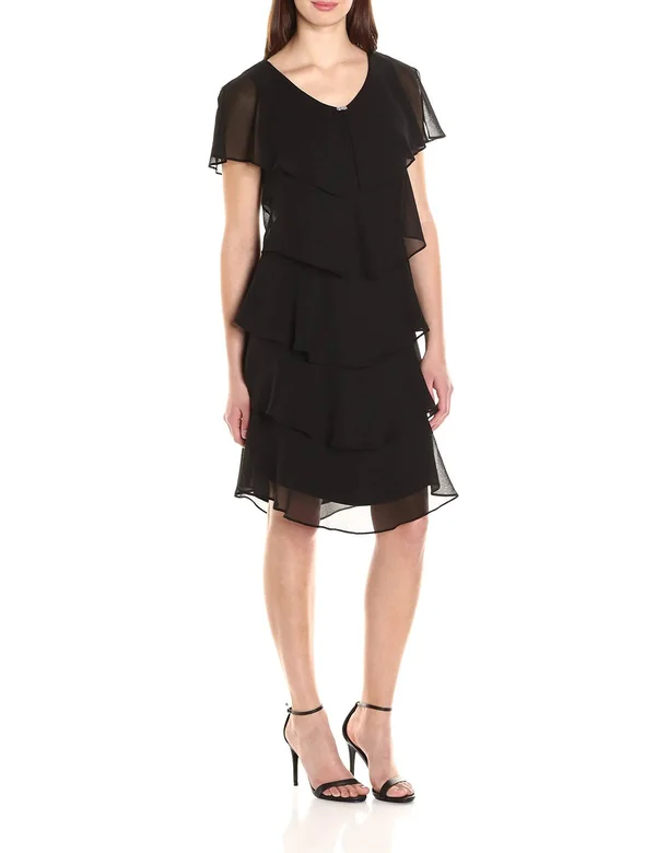 SL Fashions Chiffon Tiered Capelet Dress 12 Black