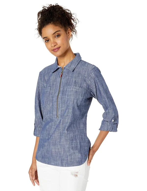 Tommy Hilfiger Women's Half Zip Popover Shirt - Chambray Blue, S