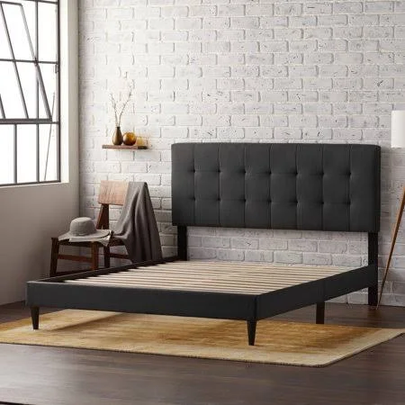 Rest Haven Upholstered Platform Bed Frame with Square Tufted Headboard - Cal King, Charcoal, Size: California King