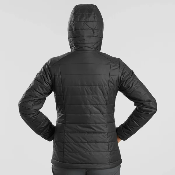 Forclaz Women's Trek 100, Light Backpacking Padded Down Jacket with Hoodie in Grey Blue, Size Xs