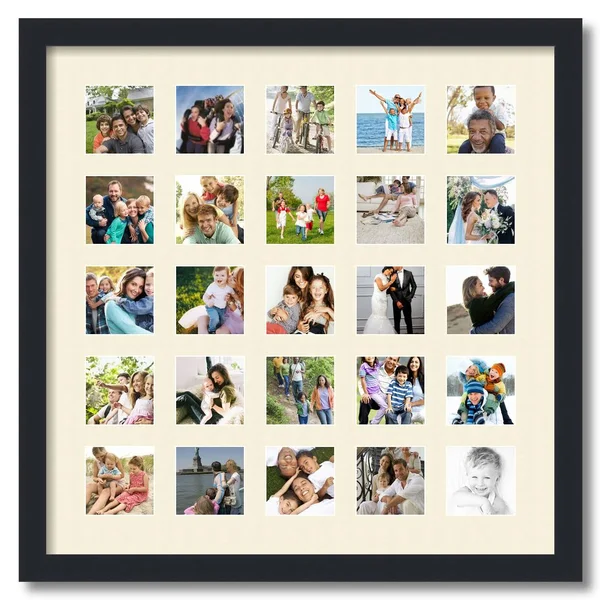 Collage Picture Frame, Satin Black Frame with 25 openings for 3x3 Photos with White Ivory Mat. D3926FY2093, ArtToFrames