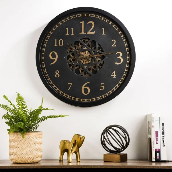 Glitzhome 22.83x22D Morden Oversized Metal Wall Clock with Moving Gears - Black