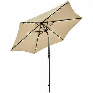 Goplus 9' Solar LED Lighted Patio Market Umbrella Tilt Adjustment Crank Lift Beige