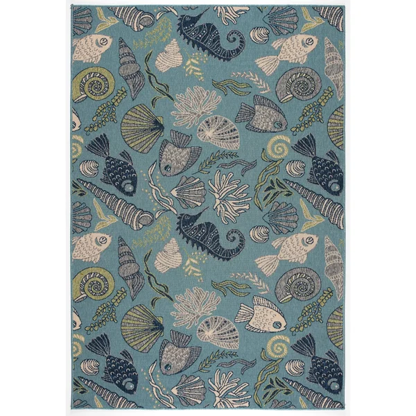 Gad Premium Indoor Outdoor Contemporary Ocean Marine Life Area Rug (7&10 inchx 10&2 inch) Teal - Beige, Green & Navy Blue Coa