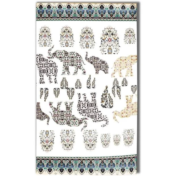 Elephant Paisley Procession 5x7 Dobby Rug with Non Skid Mat White Black Yellow - CARug65Dob_Mat