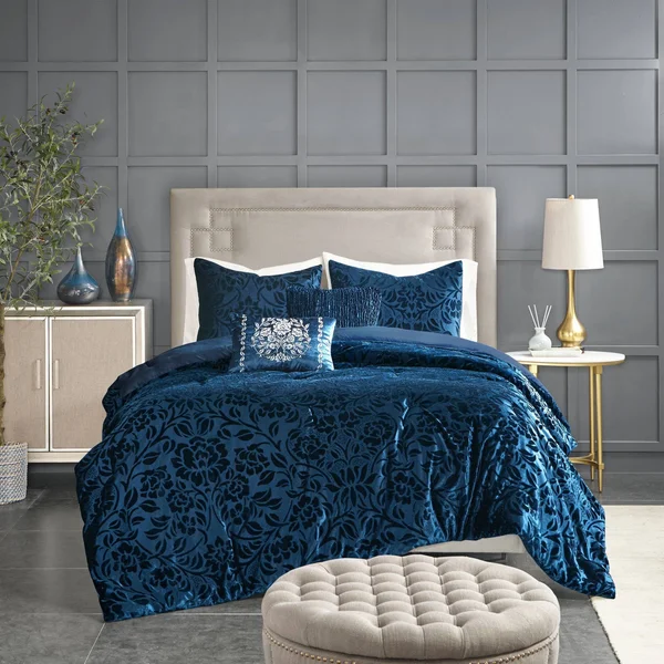 Home Essence Edith 5 Piece Faux Velvet Comforter Set, Size: King, Blue