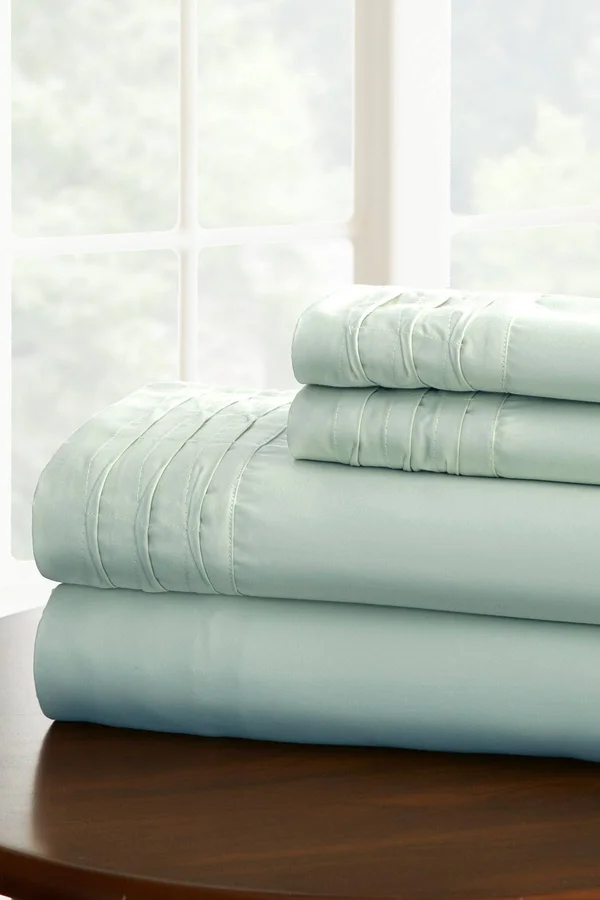 Solid 4 Piece Sheet Set with Pintuck Hem Misty Blue - California King