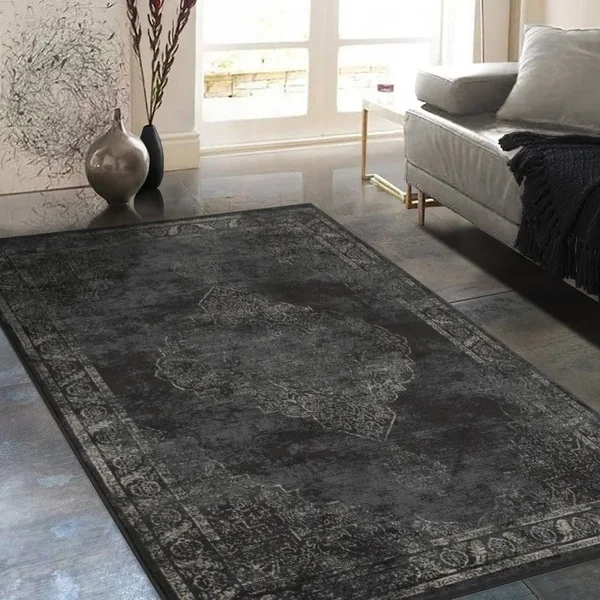 Allstar Rugs Distressed Charcoal Grey and Beige Rectangular Accent Area Rug with Ivory Persian Design - 4& 11x22 x 7& 0x22