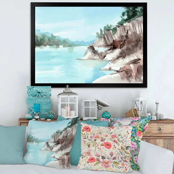 Designart 'Rocks by The Blue Lake' Lake House Framed Art Print - 40 in. Wide x 30 in. High - Black