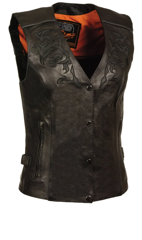 Milwaukee Leather Womens Leather Vest Reflective Tribal Design - Piping, Black