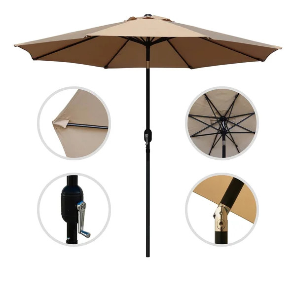 Davee Furniture 9ft Round Outdoor Market Patio Umbrella with Tilt, Easy Crank Lift, Tan Color
