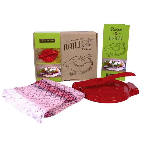 tortilla Press Kit: Red Cast Iron with Servietta