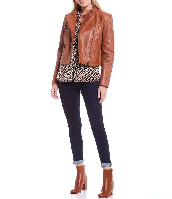 Michael Michael Kors, Leather Moto Jacket, Brown, Xs