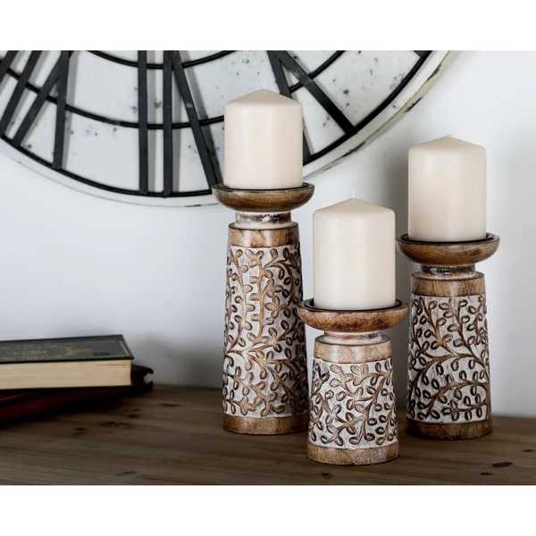 The Curated Nomad Buckroe 3-Piece Rustic Mango Wood Flourish-Patterned Candle Holder Set
