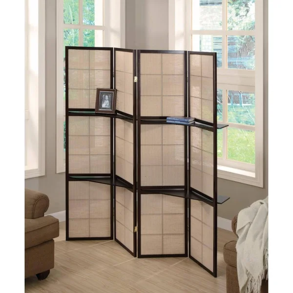 Benzara - Stylish Four Panel Folding Screen with Shelves, Brown