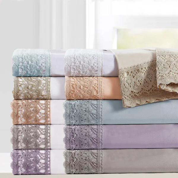 Udine 4 Piece Queen Size Sheet Set with Crochet Lace The Urban Port, White and Cream