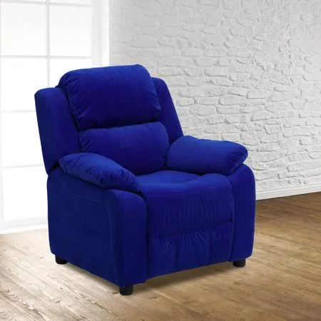 Deluxe Padded Blue Microfiber Kids Recliner with Storage Arms, Size: 25W x 26 - 39D x 28H