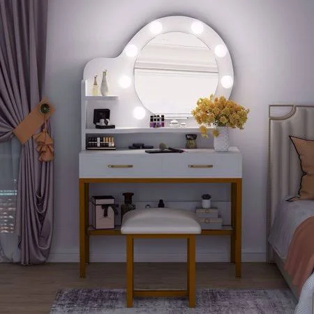 Tribesigns Vanity Set with Round Lighted Mirror and Cushioned Stool - Elegant Makeup Table Vanity Desk with 2 Drawers and Storage