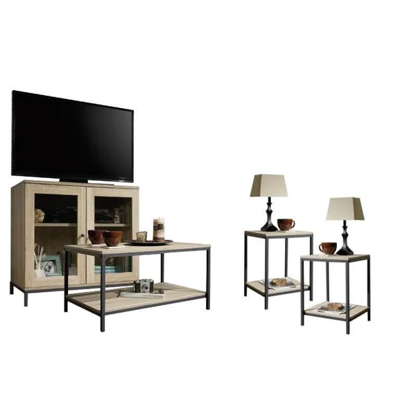 Home Square 4 Piece Living Room Set with Storage TV Stand - Coffee Table, and Set of 2 End Tables in Charter Oak