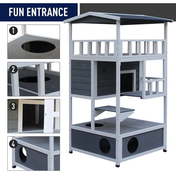 Pawhut Solid Wood 4-Floor Cat Condo Villa with Litter Box