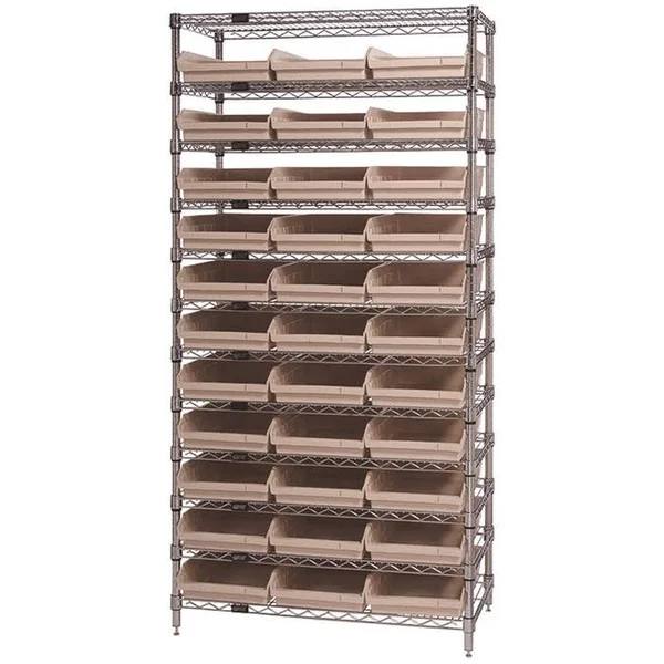 WR12-109, Wire Shelving Unit with 33 Plastic Bins, Ivory