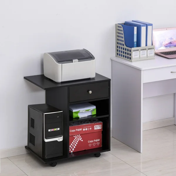 Vinsetto Printer Table Desk, Rolling Cart Stand with Wheels, Adjustable Shelf, Drawer and CPU Stand - Black